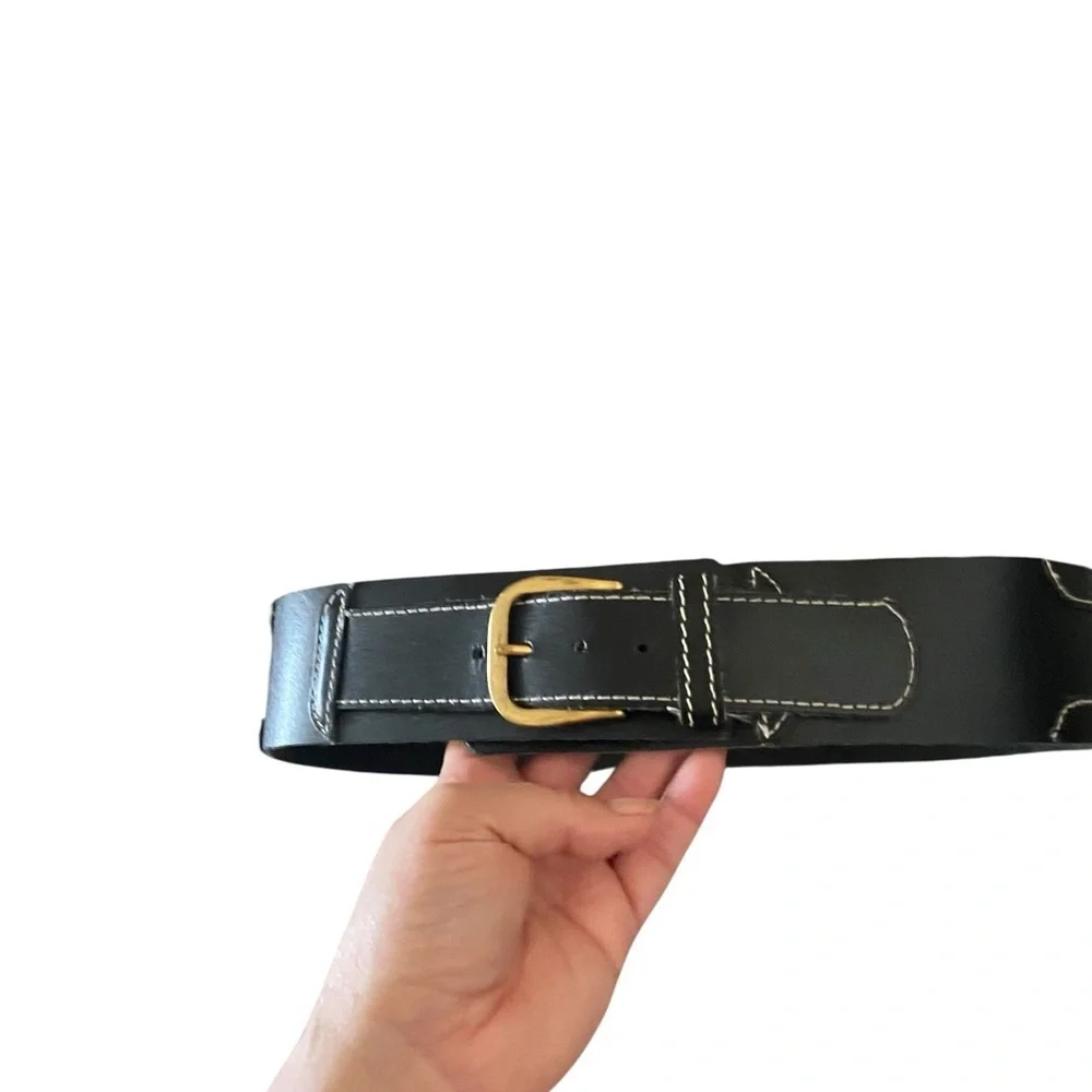 Vintage Dame Black Authentic Leather Belt white stitching Brass gold Buckle